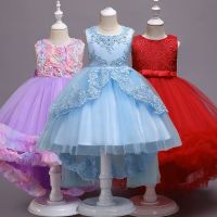 ZZOOI New Year Flower Long Trailing Girls dress Summer Wedding Lace Mesh Ball Gown Party Princess Dress Children Kids Clothes