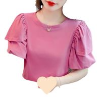 Spot parcel post Pure Cotton Short Sleeve Shirt Womens Fashion 2023 Summer New Graceful Puff Sleeve Chic T-shirt Top Design Sense