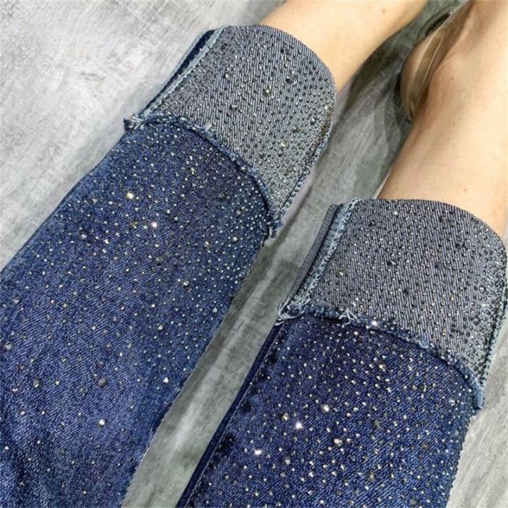 Women Jeans Rhinestone Elastic Pencil Slim Spring Summer Autumn Fashion  Casual Sexy Plus Size Denim Pants Streetwear Blue Size 25-32