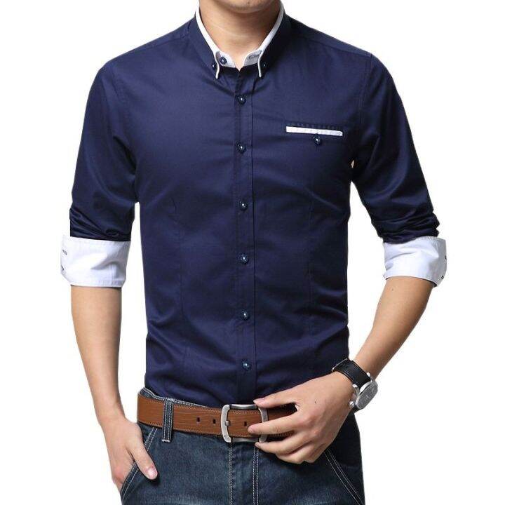 hot11-2023มาใหม่ล่าสุดผู้ชายสบายๆธุรกิจเสื้อแขนยาวสไตล์เกาหลีสีทึบ-cotton-mens-เสื้อเปิดลงปกเสื้อสำหรับผู้ชาย