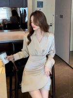 P017-004 PIMNADACLOSET - Long Sleeve V-Neck Crepe Wrap Dress