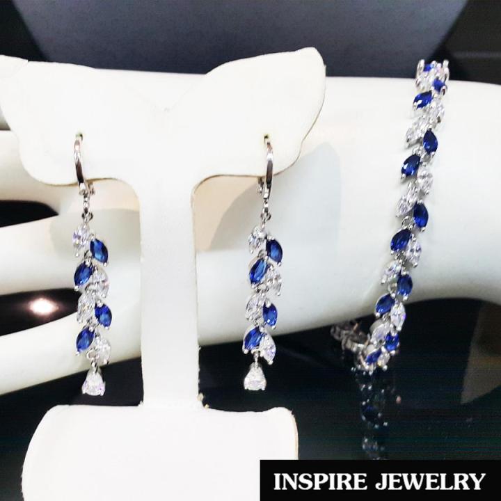 inspire-jewelry-ชุดเซ็ทสร้อยคอไพลินสร้อยข้อไมือ-พร้อมต่างหู-แฟชั้นอินเทรนชั้นนำ-งานจิวเวลลี่แบบร้านเพชร-งานเกรดพรีเมี่ยม-ดีไซด์ด้วยเพชรสวิส