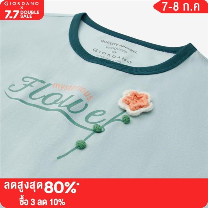 giordano-women-t-shirts-flower-crochet-print-summer-tee-contrast-color-crewneck-short-sleeve-cotton-casual-tshirts-05323434