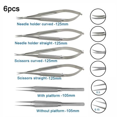 6Pcs/Set Ophthalmic Tools Set Striaght Curved Scissors Needle Holder Micro Forceps Ophthalmic Instrument Stainless Steel