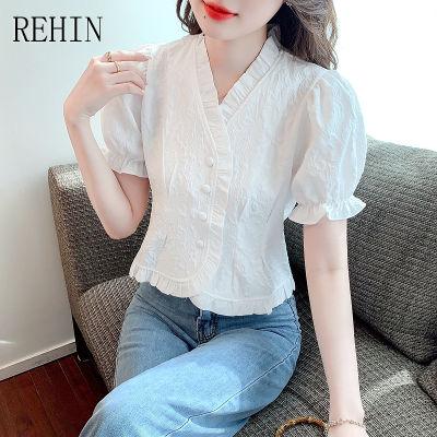 REHIN เสื้อแขนสั้นผู้หญิง,เสื้อคอวีแขนพองหวานฝรั่งเศสฤดูร้อนสไตล์เกาหลีแบบใหม่แฟชั่น