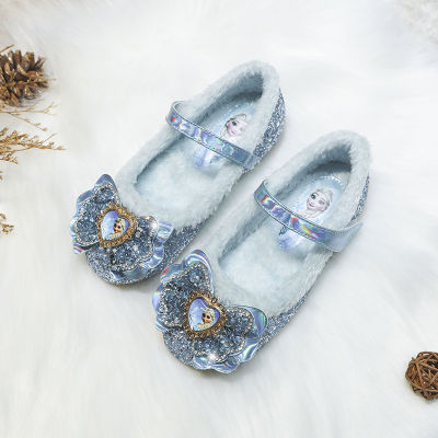 Frozens Annas Elsas รองเท้าส้นนิ่มติดคริสตัลสำหรับเด็ก,รองเท้าพื้นรองเท้านุ่มรองเท้าเด็กหญิงบางติดโบว์ประดับเลื่อม