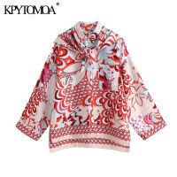 KPYTOMOA Women  Fashion With Scarf Printed Loose Asymmetric Blouses Vintage Long Sleeve Side Vents Female Shirts Chic Tops