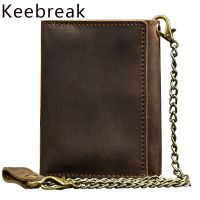 ZZOOI Genuine Leather Men Chain Wallet Card Holder Small Money Bag Coin Purse Crazy Horse Leather Thin Wallets Man Vintage Male Walet