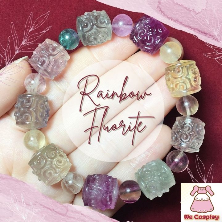 สร้อยข้อมือหิน เรนโบว์ฟลูออไรท์ Rainbow Fluorite แกะสลักทรงถังแบบจีน  กำไลหินนำโชค Casual Size ขนาด 13.5 มิล