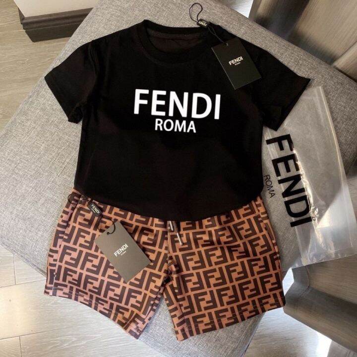 fendi-ใหม่ฤดูร้อนสบายๆสองชิ้นเด็กชายและเด็กหญิงผ้าฝ้ายกางเกงขาสั้นแขนสั้น