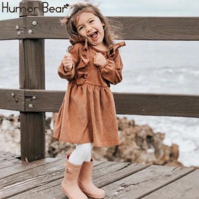 Humor Bear Autumn Winter Toddler Girl Dress Long Sleeve Cotton Ruffles Princess Dress Kids Corduroy Pleated Fashion Baby Dress