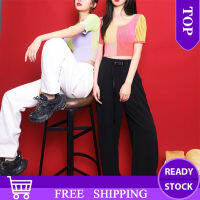Croptop สำหรับผู้หญิงสั้นเสื้อยืดฤดูใบไม้ผลิสไตล์ใหม่ Slim-Fit เสื้อกันหนาวขนสัตว์แขนสั้นภาษาฝรั่งเศสคำแนวตั้ง Stripe Top ผู้หญิง