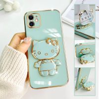 For iPhone 11 Mobile Phone Case Fashion Temperament Plating TPU Advanced Rotary Stand Makeup Mirror Hello Kitty Folding Mirror Stand Net Red New Couple Gift Soft Touch Anti slip Anti fall Protective Case