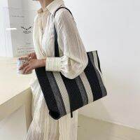 Womens Large Capacity Bag Commuter Canvas Bag Fashion Simple Vertical Stripe Casual Tote Bag Work One Shoulder Bag Womens Shoulder Bag