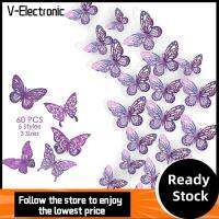 V-ELECTRONIC 60 Pcs สีม่วงสีม่วง ของตกแต่งผนังรูปผีเสื้อ3D พีวีซีพีวีซี มี3ขนาด สปาร์กลิง สำหรับตกแต่งบ้านห้องนอน แวววาวแวววาวแวววาว สำหรับงานเลี้ยงวันเกิดงานแต่งงาน