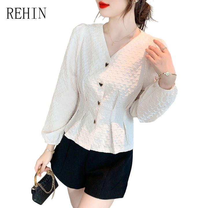 rehin-ผู้หญิงฤดูใบไม้ร่วงใหม่เวอร์ชั่นเกาหลีของช่วงกว้างคอวีแขนฟองเสื้อแขนยาวเสื้อแนวโน้ม