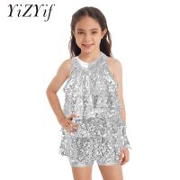 Shiny Sequins Kids Girls Ballet Modern Jazz Latin Dance Shorty Unitard Dress Performance Costume Leotard Rave Festival Clothing