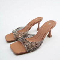 2022 Summer ZARAˉ New Womens Shoes Natural Color Rhinestone Shining Plastic Slippers with Thin Heels for Women