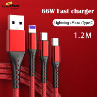 สายชาร์จเร็ว 3 In 1 66W 6A สาย USB Type C ชาร์จเร็ว สำหรับ Samsung S20 Xiaomi Mi 9 iPhone 13 12 1211 ProMax X XR 8 7 5 5S 6 6S iPad Realme Xiaomi MI8/9/10 OPPO A83 F9 VIVO X7 HUAWEIสาย Micro USB สาย iPhone