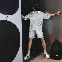 【hot seller】 two-piece sports suit mens ice silk trendy slip Korean version of loose casual disco ins