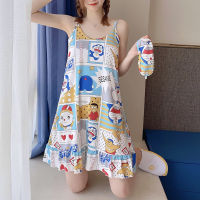 Summer Women Nightdress Sling Sleepshirt Sleeveless Sleep Tops Girls cartoon print Sleepwear with Chest Pad Pijama Nightwear