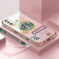 เคสเคสมือถือสำหรับ Vivo Y20 /Y20 2021/Y20i/Y20S กรัม/Y20S พร้อมฟรีสายคล้อง + โลโก้ Starbucks แฟชั่นเคสชุบเคลือบขอบสี่เหลี่ยมฝาหลังนิ่ม