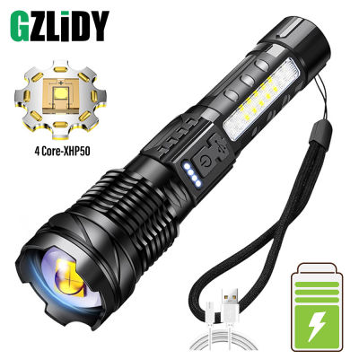 Powerful XHP50 LED Flashlight Waterproof 18650 Torch With Side Light 7 Modes Camping Fishing Lantern USB Rechargeable Zoom Lamp