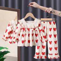 2023 Autumn Baby Girls Pajamas Set Toddlers Casual Sleepwear Infants Heart Print Cotton Top and Long Pants Children Loungewear