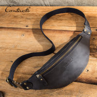 CONTACTS 100% หนังม้าบ้า กระเป๋าคาดเอว Travel Fanny Pack For Men Leather Waist Bag Male Belt Bag Multifunction Chest Bag-ganekd