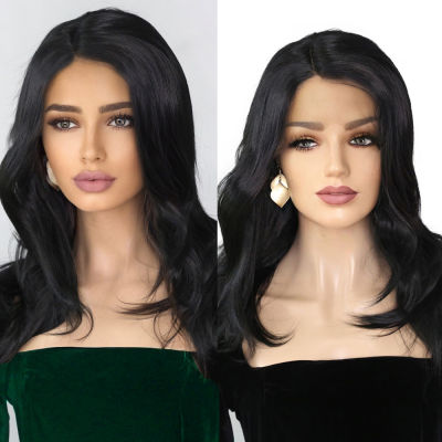 Synthetic Lace Wig Long Wave Black Color With Baby Hair Heat Resistant Fiber Side Part Lace Wig For Women Cosplay Wig