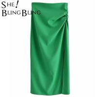 SheBlingBling 2021 Za Summer High Waist Zipper Back Ruched Detail Split Side Women Casual Straight Midi Skirts Green Femme Jupe