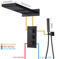 ก๊อกฝักบัวฝนตกน้ำตกหรูหราผสมวาวล์เครื่องตัดกระแสไฟฟ้าผนังติดตั้ง Thermostatic ฝักบัวพร้อมที่ล้างมือก๊อกน้ำสีดำ