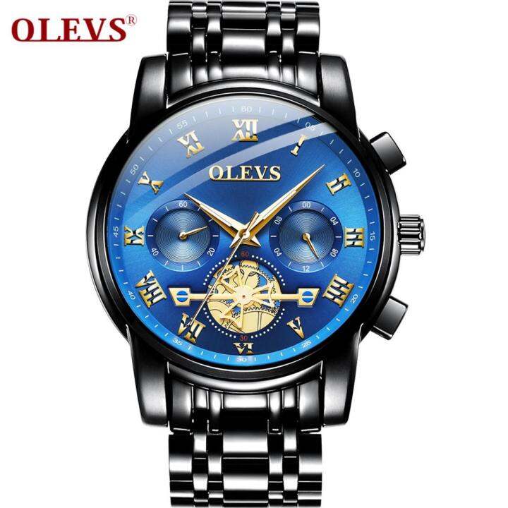 olevs-นาฬิกาข้อมือสำหรับผู้ชายแฟชั่นคุณภาพใหม่ล่าสุดแนวโน้มธุรกิจนาฬิกาผู้ชายสายเหล็กมัลติฟังก์ชั่กันน้ำจับเวลาสีดำสีน้ำเงินสีทองสีขาว