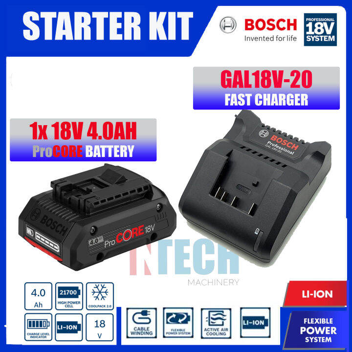 BOSCH STARTER KIT GAL18V-20 FAST CHARGER C/W 1 NOS 18V 4.0AH PROCORE ...