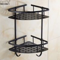 ↂ Vidric Bathroom Corner Black Shelves Dual Tier With Towel Rack Square Bath Shampoo Holder Bathroom Storage Copper Shelf EL0003