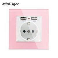 【Best value】 Minitiger สีเขียวสีชมพูแก้วคริสตัลแผงแบบ Dual USB ชาร์จพอร์ต2.1A 16A ผนังซ็อกเก็ตสหภาพยุโรปเต้าเสียบไฟฟ้า