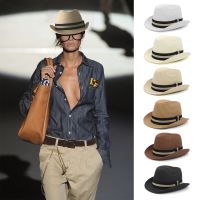 【Explosion umbrella】 ผู้ชายผู้หญิงฤดูร้อนฟาง Homburg หมวกคลาสสิก Retro Fedora หมวก Trilby Sunhat Party Beach Travel กลางแจ้งปรับขนาด