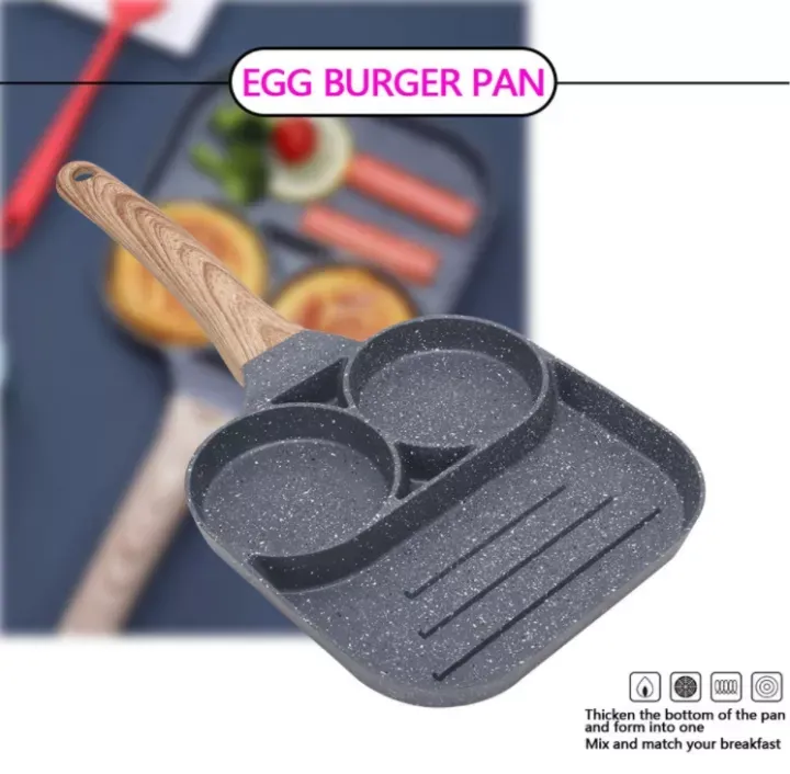 KEWEI Egg Frying Pan 3 Section 2 in 1 Divided Frying Grill Pan