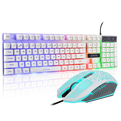 CHONCHOW LED Backlit Wired Gaming Keyboard and Mouse Combo Mechanical Feeling Rainbow Backlight Emitting Character 4800DPI Adjustable USB Mice Compatible with PC Resberry Pi iMac TDW910 White