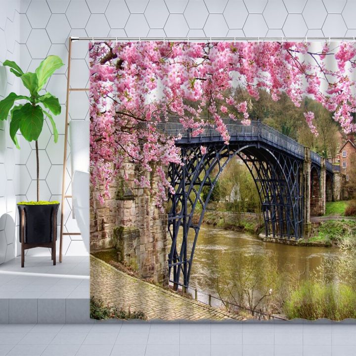 spring-garden-landscape-shower-curtain-wooden-house-green-plants-tree-forest-cherry-blossom-ocean-scenery-curtains-bathroom-sets
