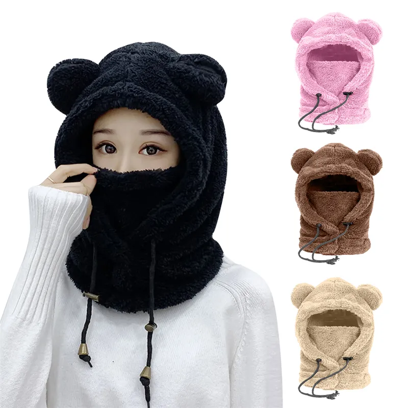 Winter Hats Bear Cap And Scarf 2 In 1 Cute Cartoon Thick Hat Protectors  Warm Plush Hat Cap Women Girl Hat Gray One Size