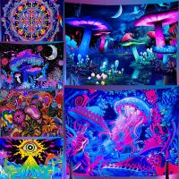 Psychedelic UV Reactive Fluorescent Tapestry Mushroom Home Decor Wall Hanging Witchcraft Skull Flowers Bright Under Blue Light