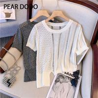 PEAR DODO เสื้อถักกลวงแบบไม่สม่ำเสมอสำหรับผู้หญิงฉบับภาษาเกาหลีคอกลม