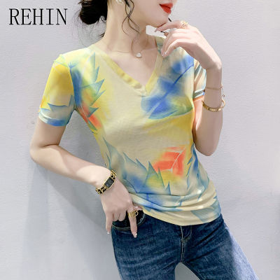 REHIN เสื้อผู้หญิงพิมพ์ลายตาข่ายแขนสั้นเสื้อยืดคอวีเข้ารูป S-3XL เสื้อยอดนิยมลายดอกไม้แฟชั่นใหม่ฤดูร้อน
