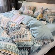 Bộ chăn ga gối cotton 3D thổ cẩm xanh mềm mịn mát dày dặn bộ 5 món tặng