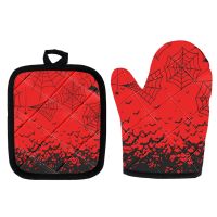 Cute Oven Gloves Spider Web Bat Pattern 2pcs Kitchen Accessories Heat Resistant Potholder Mitts and Mats for Baking