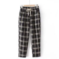 【มีไซส์ใหญ่】Plus Size 3XL-5XL Womens Elastic Waist Plaid Pants Oversized Vintage 8/10 Summer Trousers