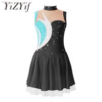 ❡■✺ Figure Skating Dress Kids Girls Rhinestone Mesh Skirted Ballet Gymnastics Leotard Dress Ballroom Lyrical Competition Costumes