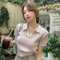 COD dsdgfhgfsdsss Womens Knitted T Shirt Contrast Color Polo Turndown Collar Casual Short-Sleeved Korean Croptops