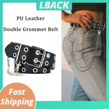 Fashion Casual Double Hole Grommet Belt,Adjustable Jeans Metal Square  Buckle Belt,Double Grommet Belt for Women Jeans , Coffee 